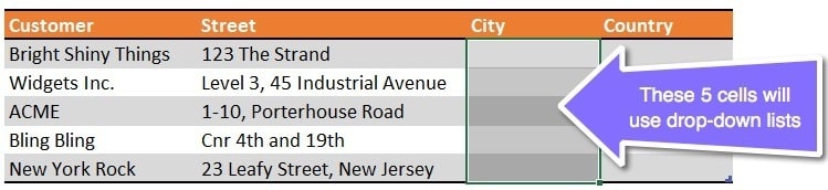 Select the cell(s) that will have the drop-down lists