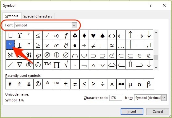 excel degree symbol shortcut