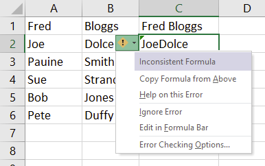 Green triangle indicates inconsistent formula