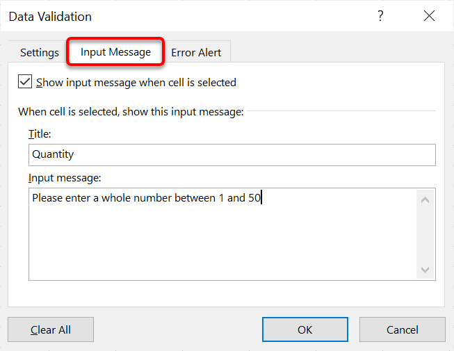 Setting the data validation rules - tell the user what to do (Input Message tab)