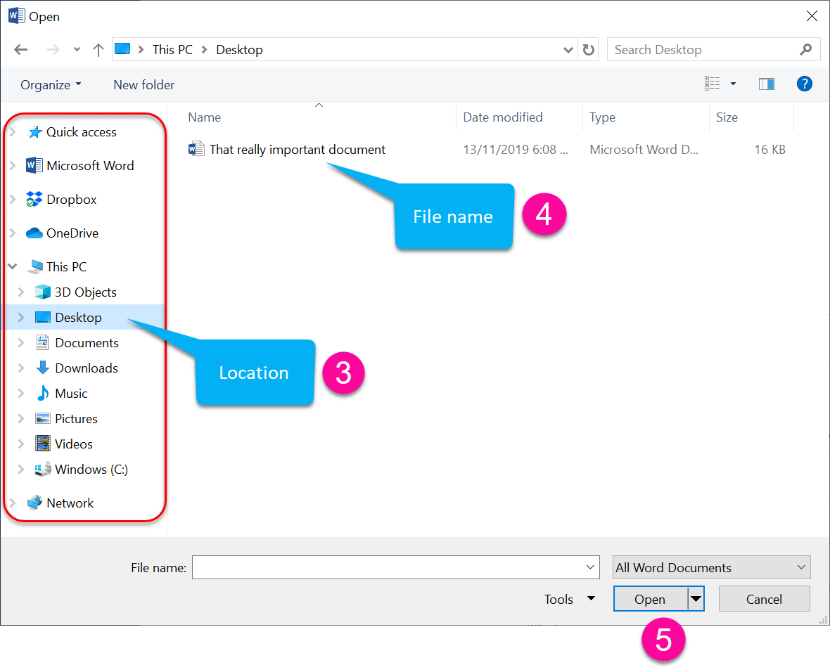 Choose a location then double-left-click the file name to open the Word document