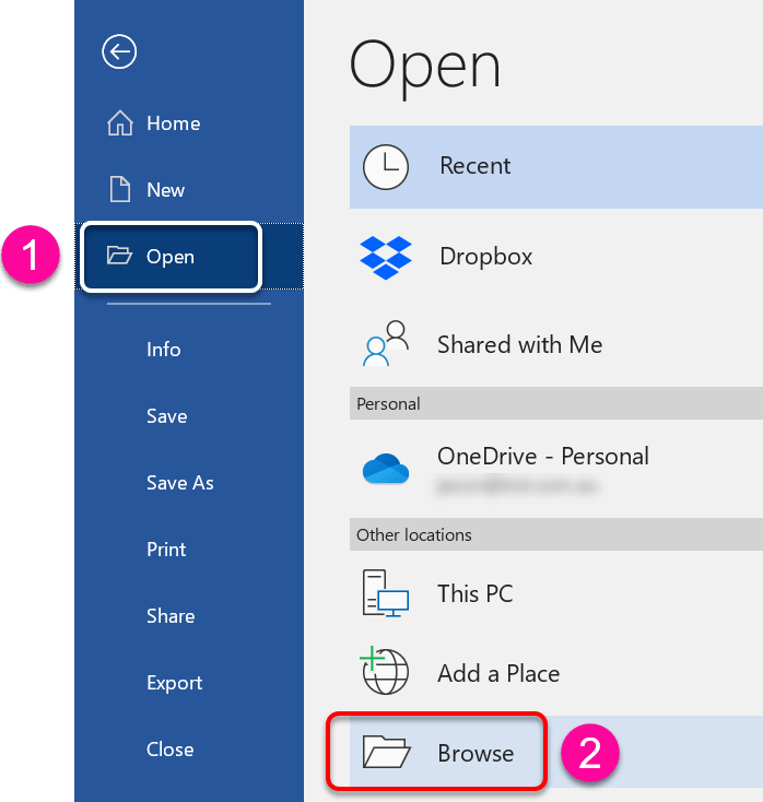 Top open a Word document choose OPEN, then BROWSE Top open a Word document choose OPEN, then BROWSE