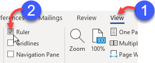 Switch Word's ruler on or off using teh Ruler checkbox on the View ribbon Switch Word's ruler on or off using teh Ruler checkbox on the View ribbon