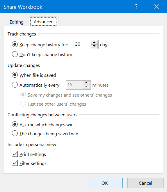 The settings for the Share Workbook dialog The settings for the Share Workbook dialog