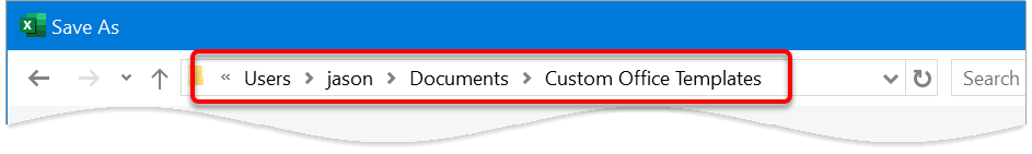Save your custom Excel templates in the default Custom Office Templates folder. Do not change the location. Save your custom Excel templates in the default Custom Office Templates folder. Do not change the location.