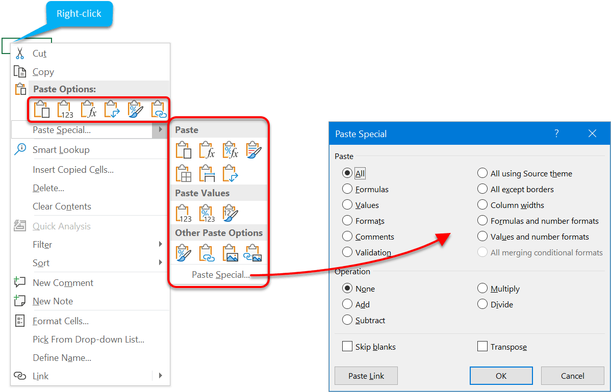 The Paste Special icons and dialog box The Paste Special icons and dialog box