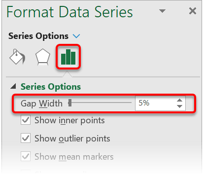 Under Series Options, adjust the Gap Width percentage. The lower the number (e.g. 5%) the more spread out the chart elements become. Under Series Options, adjust the Gap Width percentage. The lower the number (e.g. 5%) the more spread out the chart elements become.
