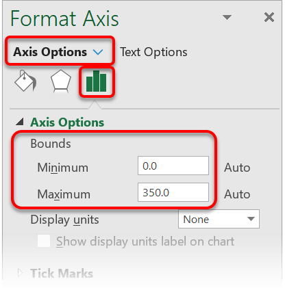 Under the Axis Options heading, under the Bounds subheading, set the Minimum and Maximum value you want to use on the axis. Under the Axis Options heading, under the Bounds subheading, set the Minimum and Maximum value you want to use on the axis.