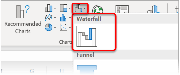 Where to find the Waterfall chart option amongst the Chart Types Where to find the Waterfall chart option amongst the Chart Types