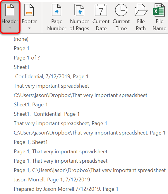 Using pre-set header and footer entries Using pre-set header and footer entries