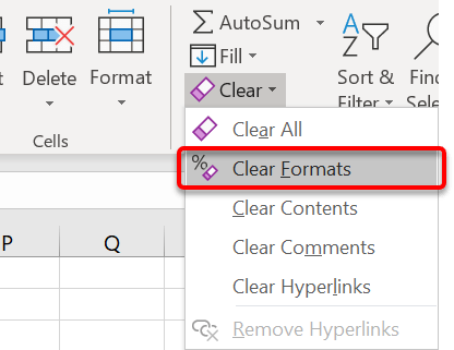 Use the Clear Formats option to reset any formatting without deleting the cell contents Use the Clear Formats option to reset any formatting without deleting the cell contents