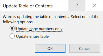 Choose to update just the page numbers or the entire table