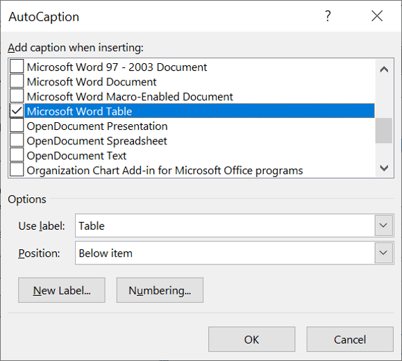Choosing what to AutoCaption for use in the table of figures Choosing what to AutoCaption for use in the table of figures