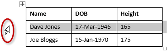 How to select a row in a table in Word