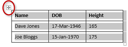 How to select an entire table in Word