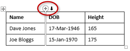 Use the + symbol to insert an extra table column in Word