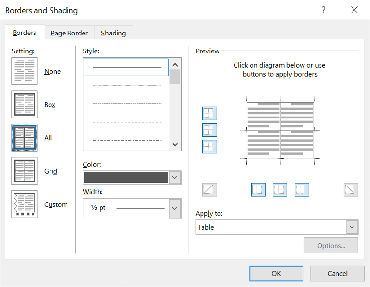 The Borders & Shading dialog box in Word