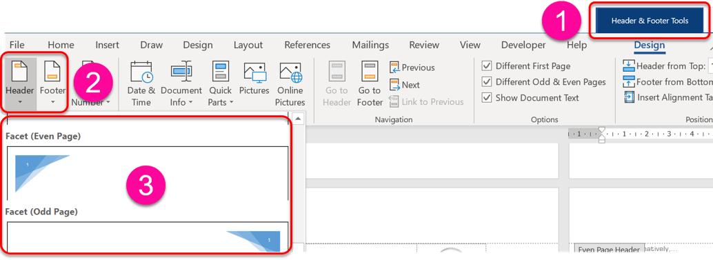 Choose a header or footer design from the gallery on the Header and Footer Tools ribbon (Word page settings)