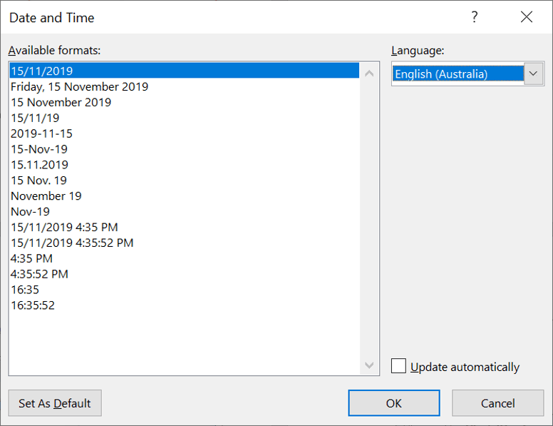 Choose your preferred date and time format from the list