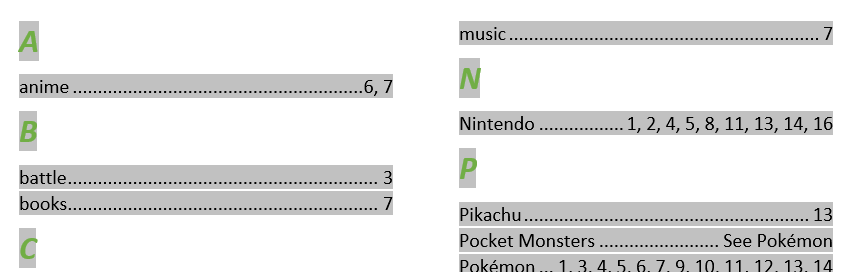 Word Index - click on the existing index to display the grey shading Word Index - click on the existing index to display the grey shading