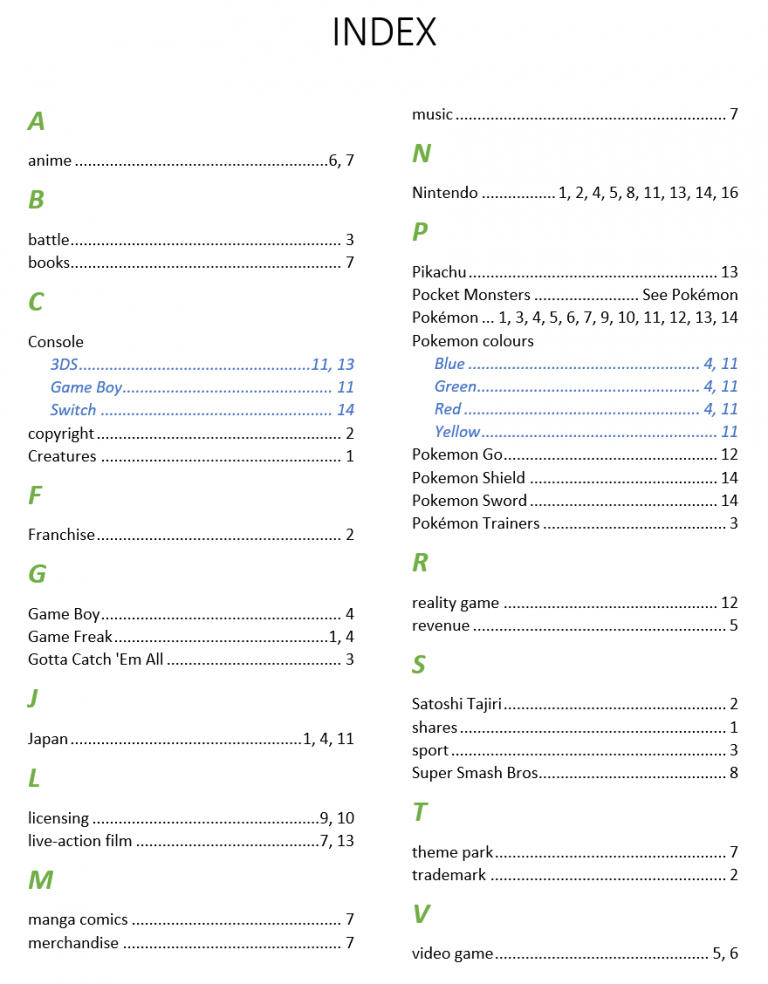 An index taken from the page of a book.