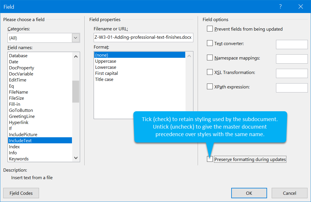 INCLUDETEXT switches and options INCLUDETEXT switches and options