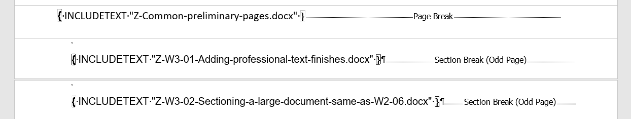 Switch off the hidden formattting to show the section breaks between the INCLUDETEXTs Switch off the hidden formattting to show the section breaks between the INCLUDETEXTs