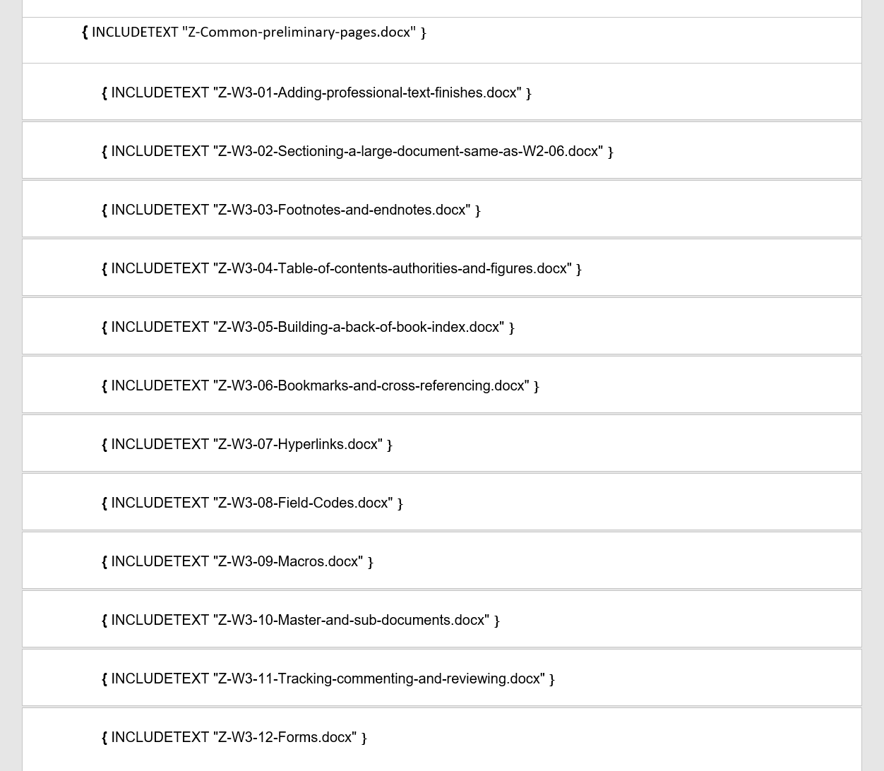 What a master document looks like when it uses INCLUDETEXT What a master document looks like when it uses INCLUDETEXT