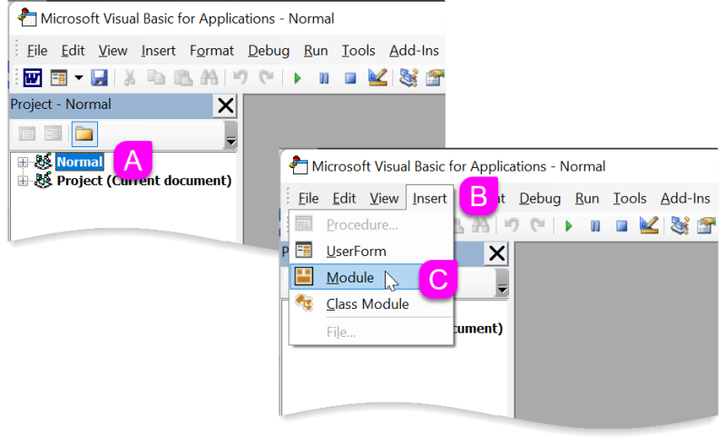 Create a new macro module in the Normal template